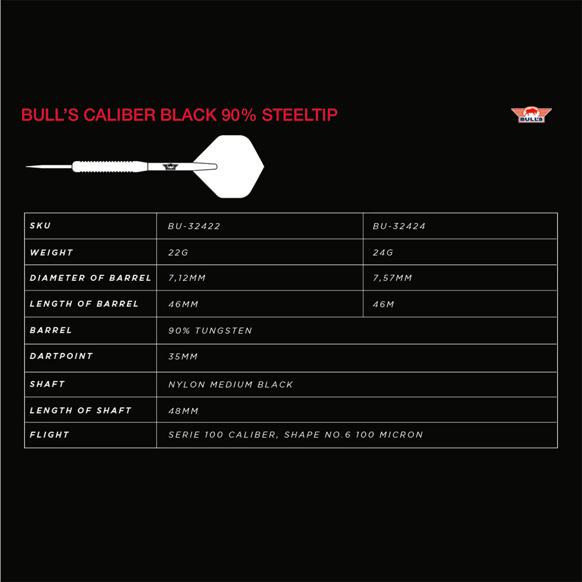 Bull's Caliber Black 90% Steel Tip Darts - Image 5