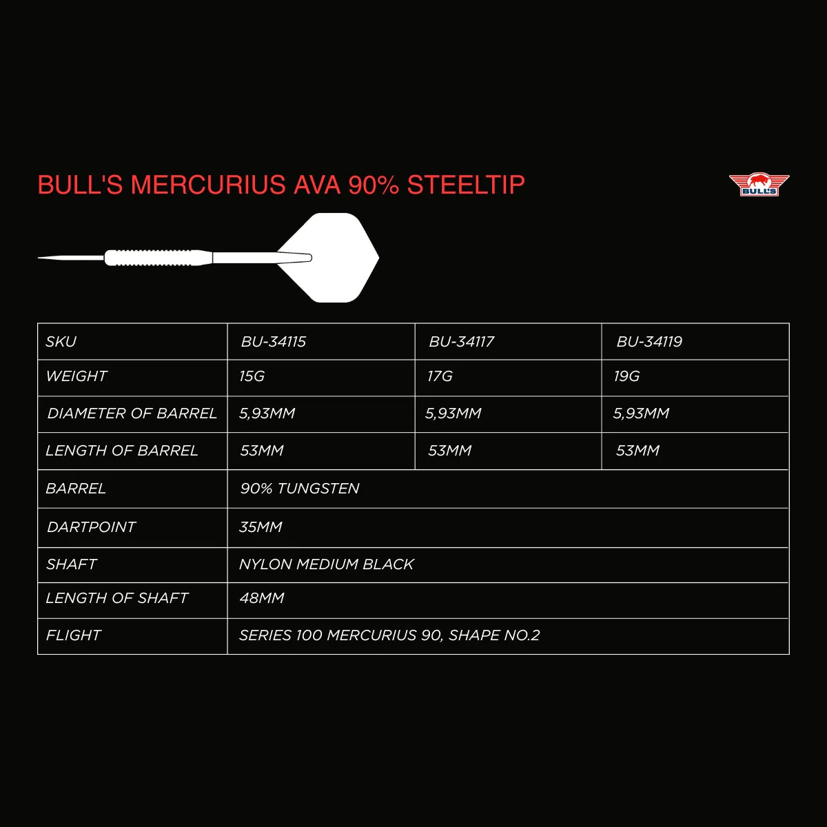 Bull's Mercurius Ava 90% Steel Tip Darts - Image 8